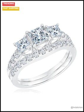 2 Ct Princess 3 Stone Moissanite Bridal Set Platinum Plated Silver